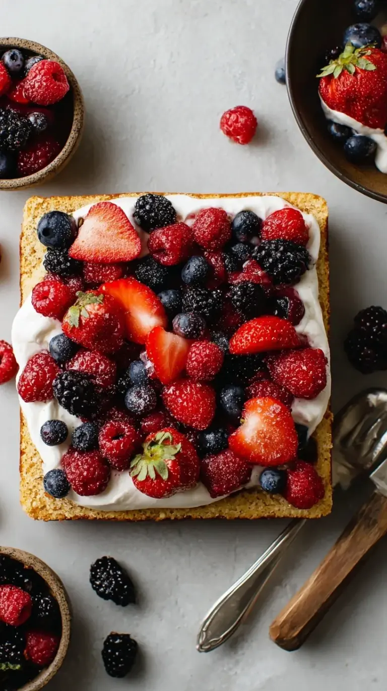 A colorful berry sheet cake sliced into squares on a baking sheet, topped with strawberries, blueberries, and raspberries.