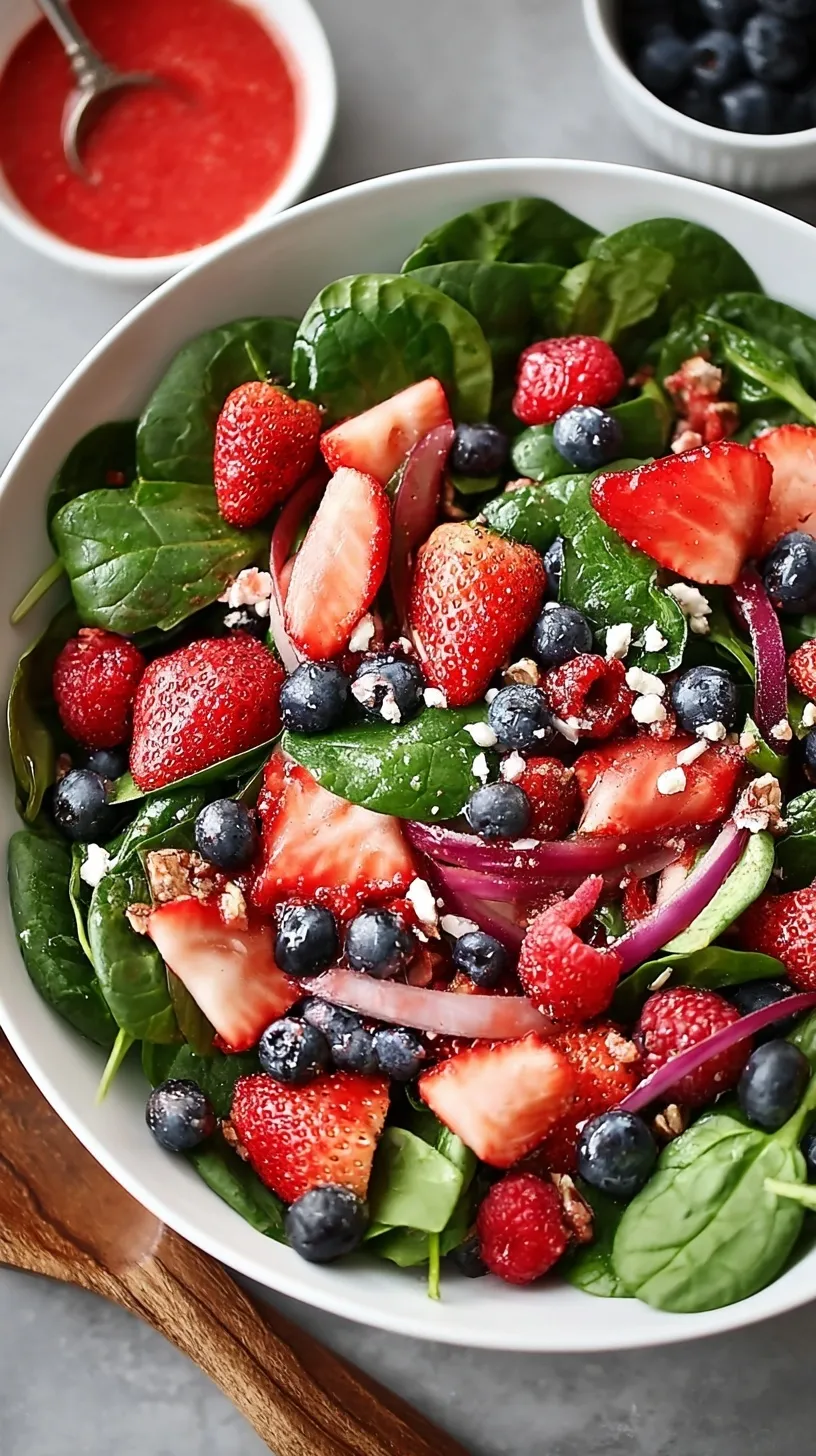 A close-up of a vibrant Berry Spinach Salad in a white bowl, garnished with fresh berries, nuts, and a light dressing.