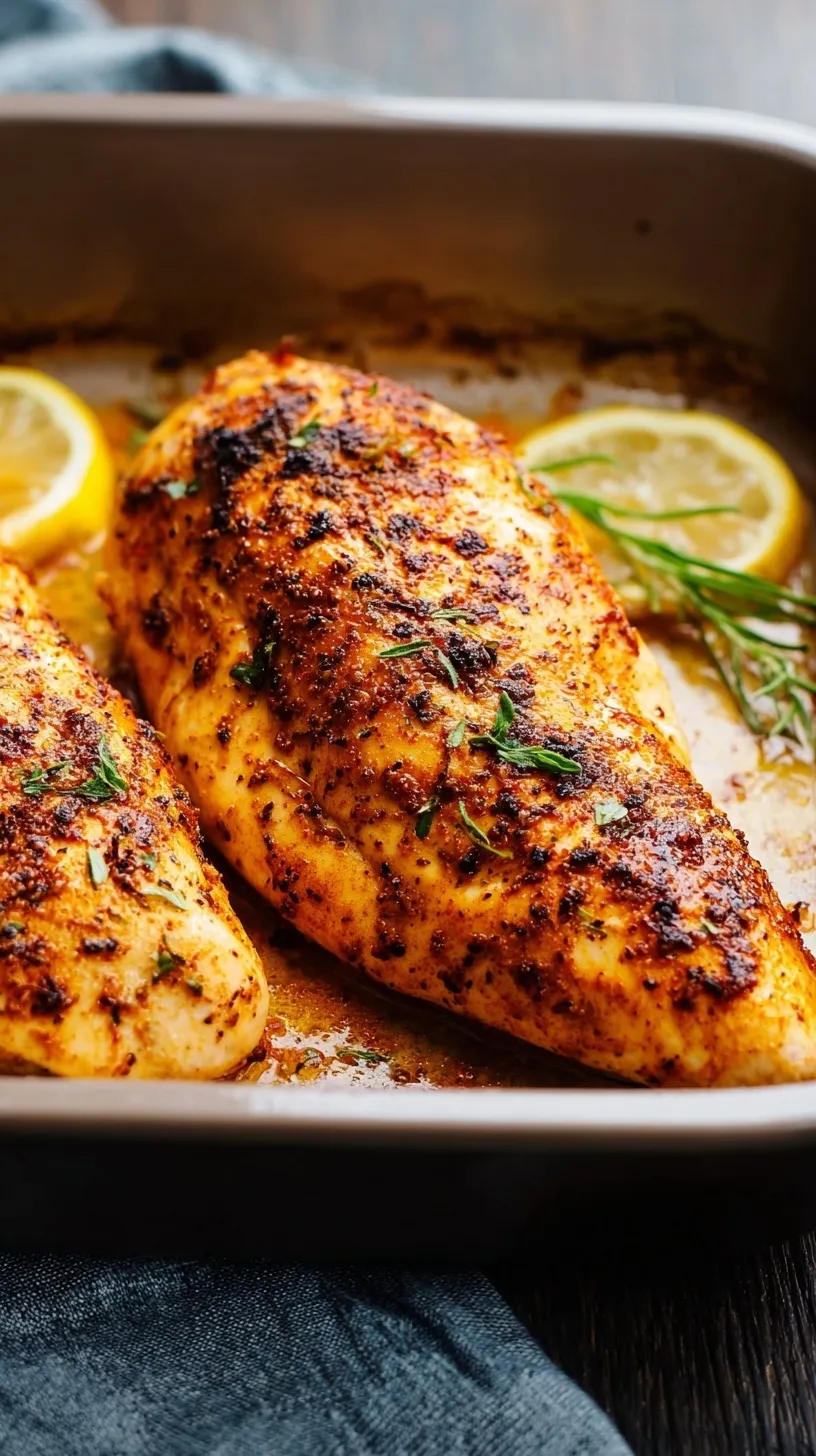 A perfectly golden brown, juicy baked chicken breast on a baking sheet with herbs, ready to be served.