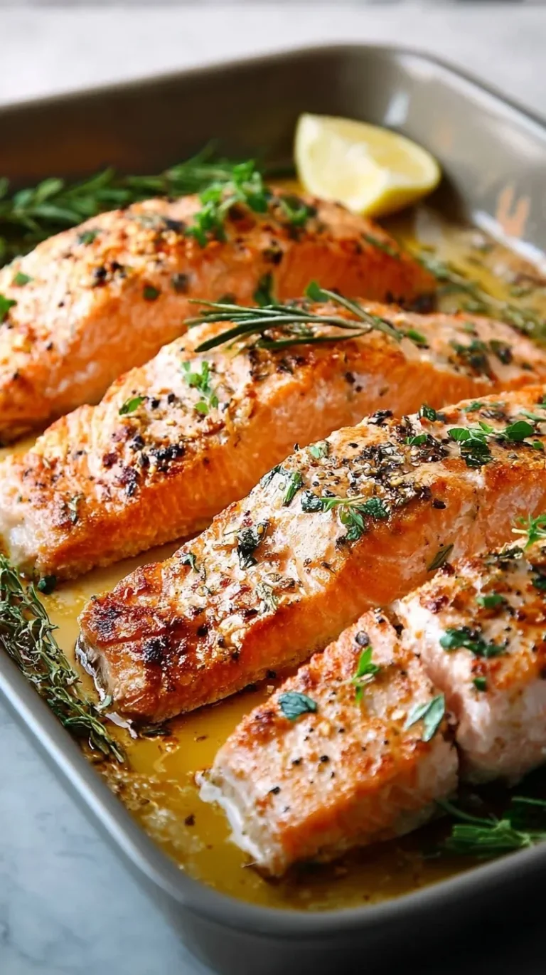 Best baked salmon with golden crust on a white plate garnished with fresh herbs and lemon slices