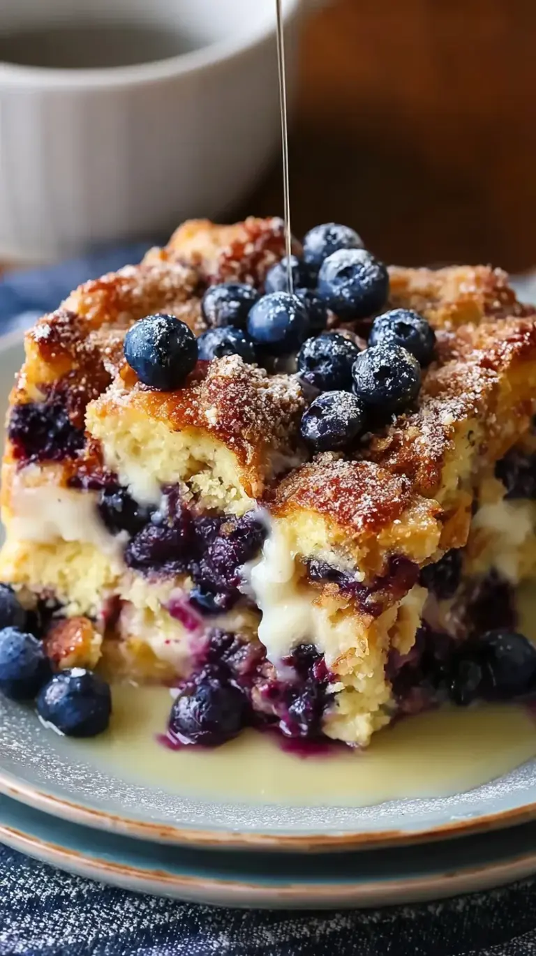 Golden brown blueberry french toast casserole topped with cinnamon streusel in a white baking dish