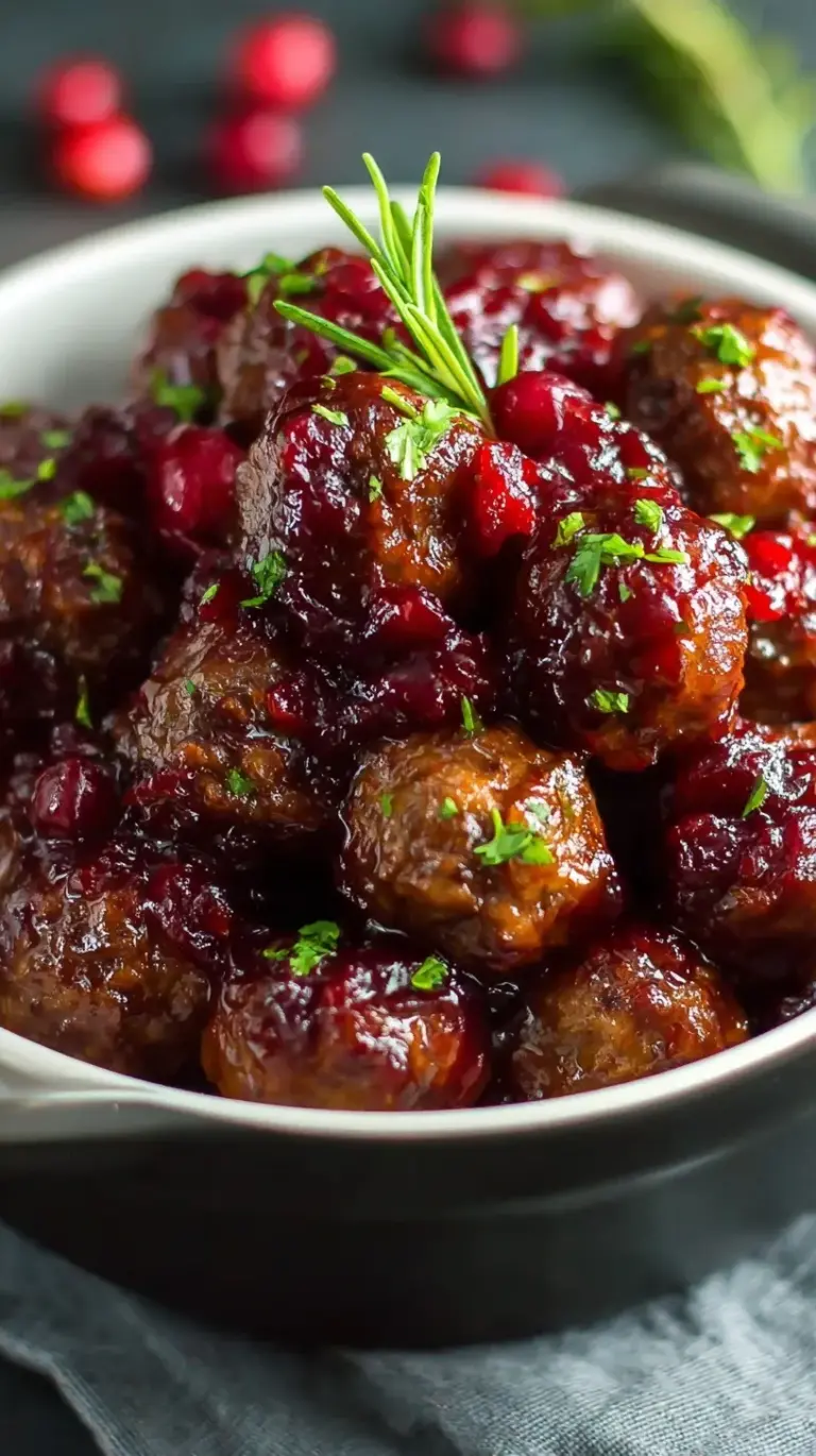 A white bowl filled with glazed Christmas cranberry meatballs garnished with fresh parsley and toothpicks.