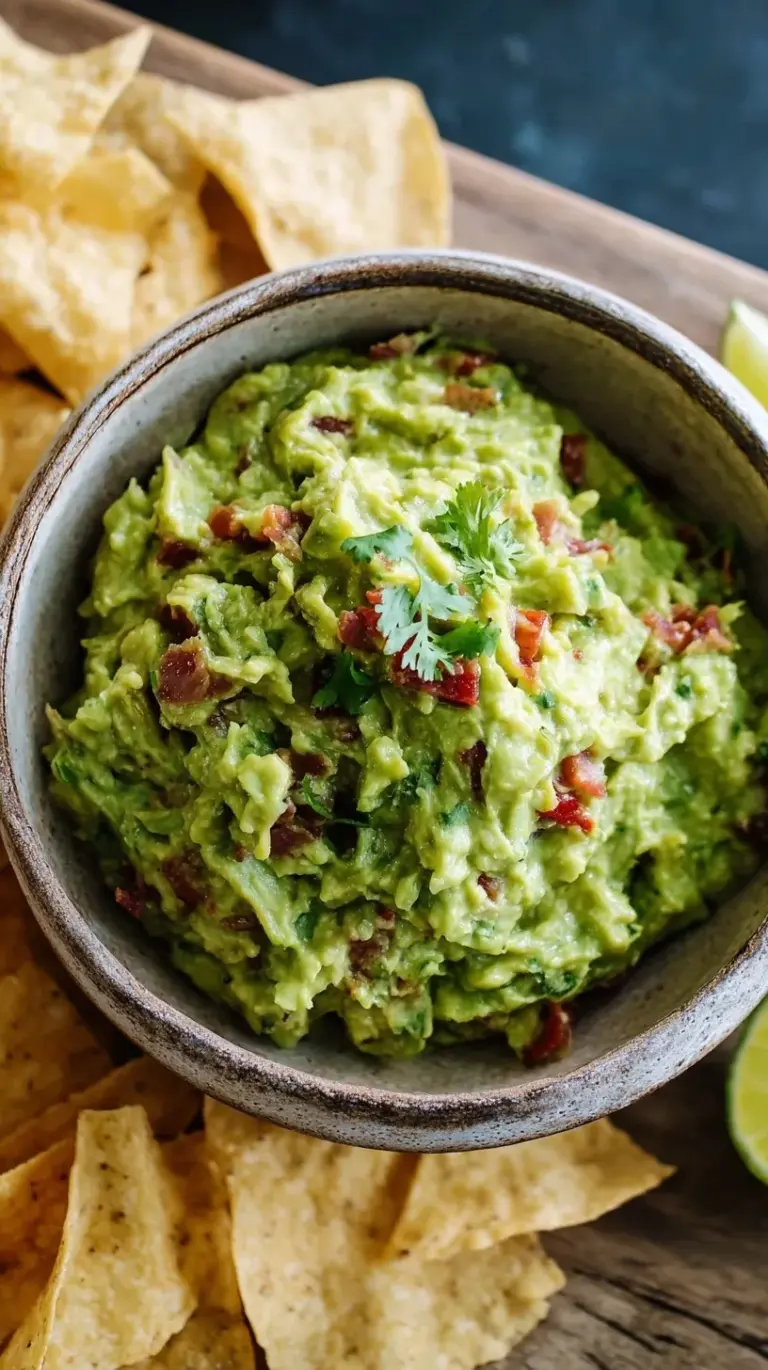 A bowl of fresh chunky guacamole with lime, cilantro, and tomatoes.