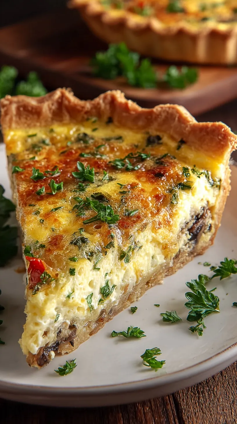 A golden brown quiche lorraine with a flaky crust and melted cheese on a wooden table.