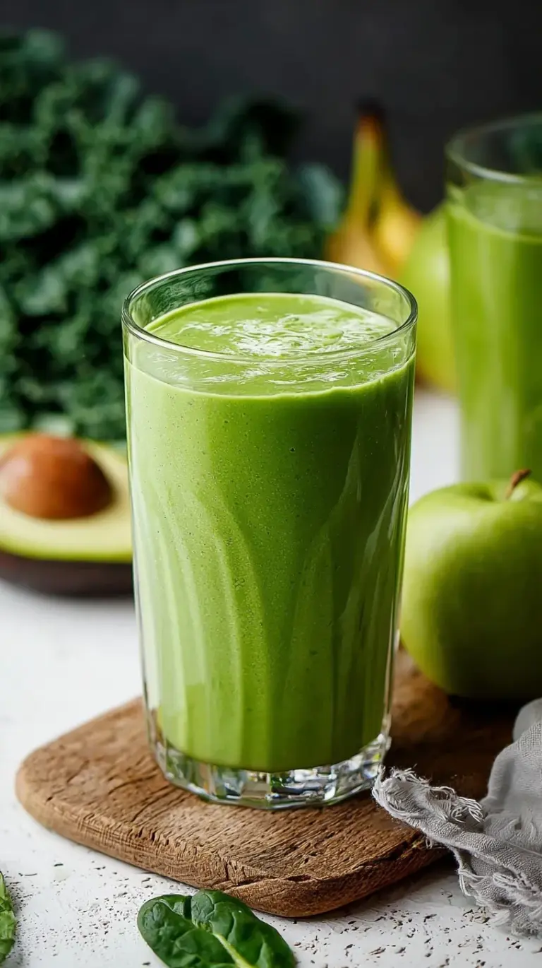 A vibrant green smoothie in a glass with fresh spinach and banana slices, highlighting the best green smoothie recipe.