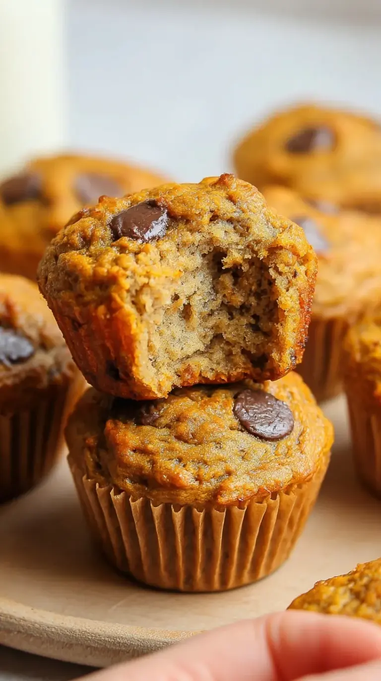 A stack of golden brown healthy banana muffins on a wire cooling rack.
