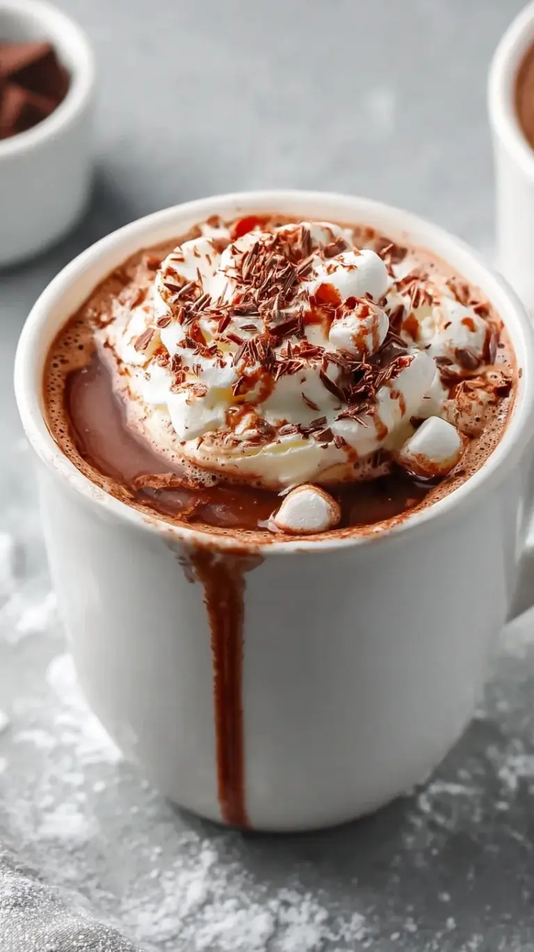 A steaming mug of the best hot chocolate, topped with fluffy whipped cream and chocolate shavings, ready to be enjoyed.