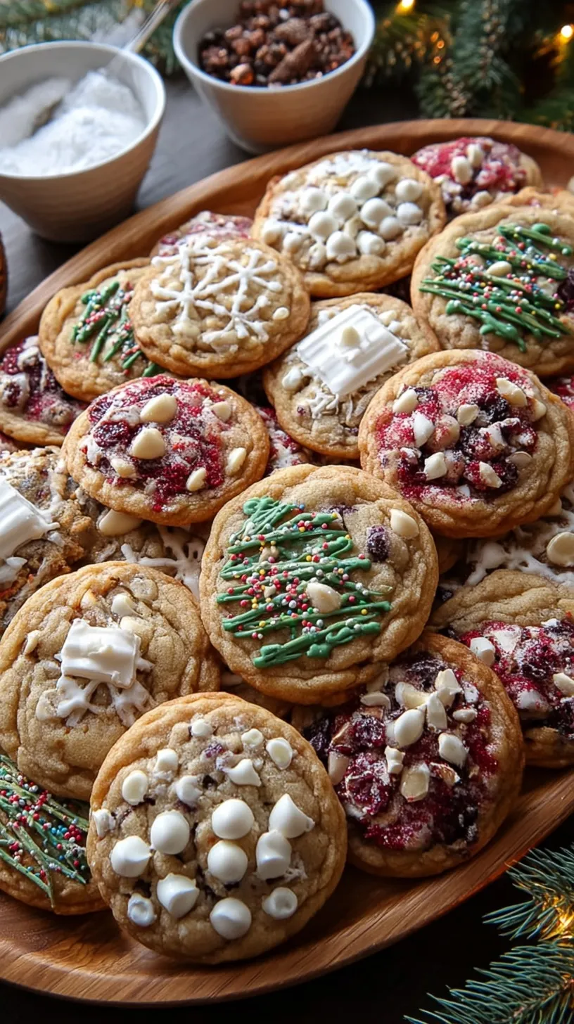 A stack of chewy Kitchen Sink Christmas Cookies with chocolate chips and green and red candies on a cooling rack.