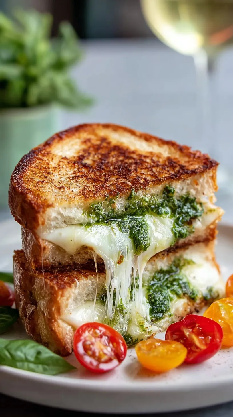 A golden brown pesto grilled cheese sandwich sliced in half with melted mozzarella cheese pulling apart.