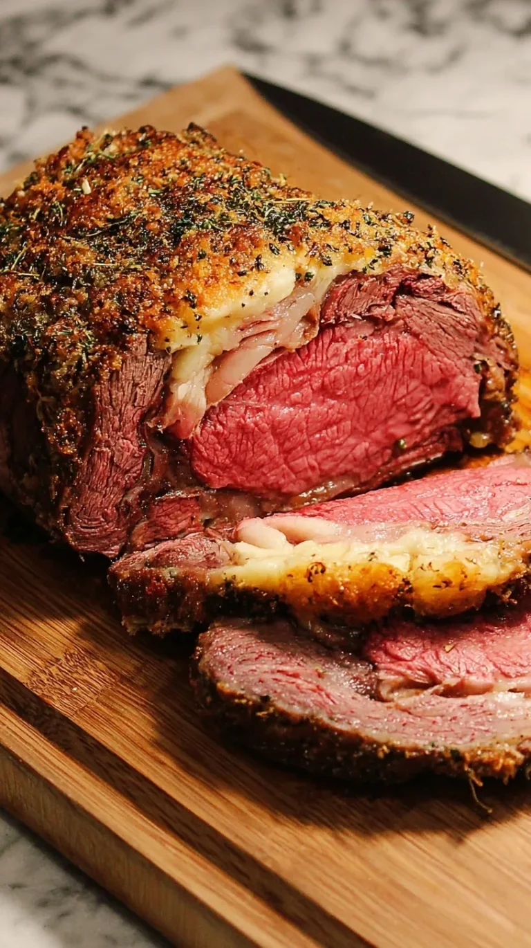 Best Prime Rib with Garlic Herb Crust sliced on a wooden cutting board showing pink tender interior