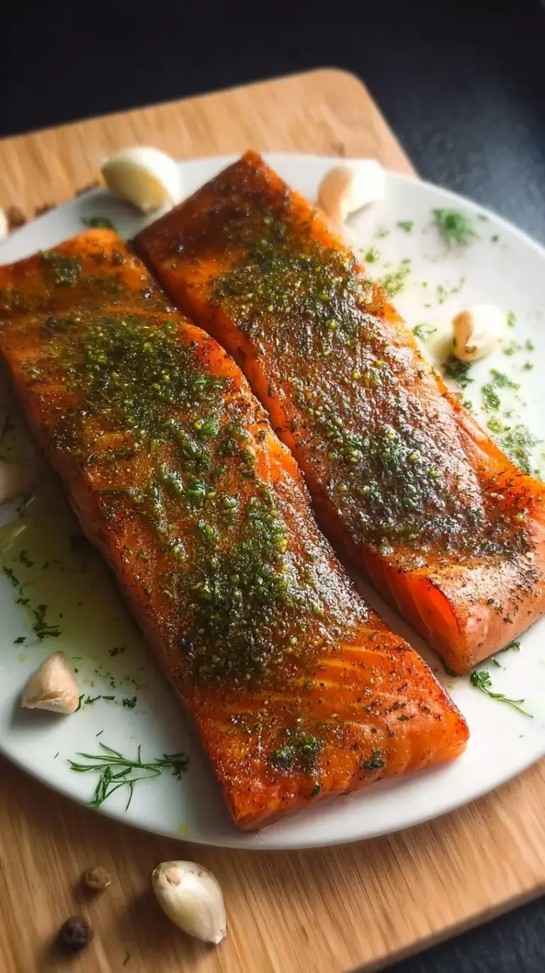 A golden, pan-seared salmon fillet glazed with soy lemon garlic sauce on a white plate.