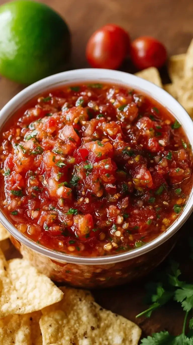 A bowl of smoky roasted tomato salsa with fresh cilantro and lime wedges