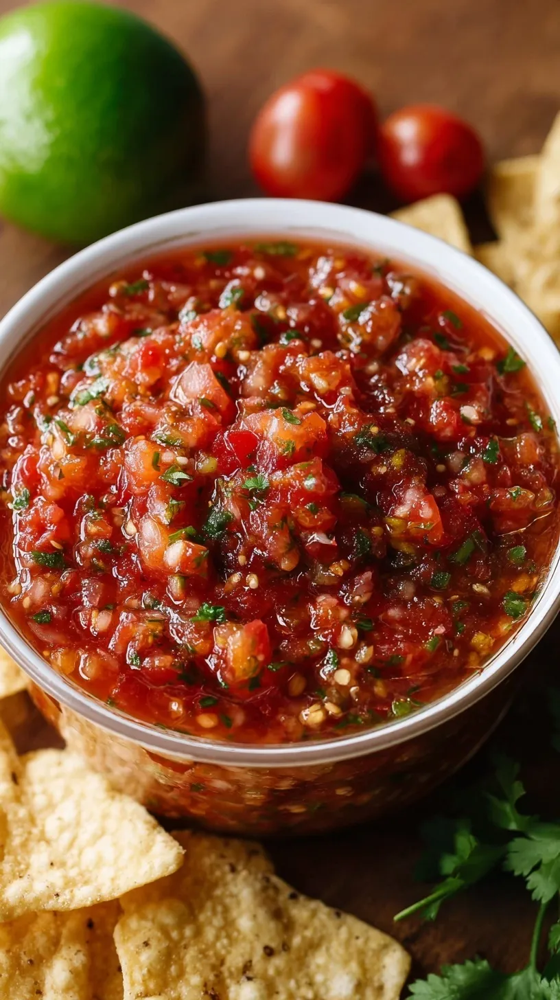 A bowl of smoky roasted tomato salsa with fresh cilantro and lime wedges