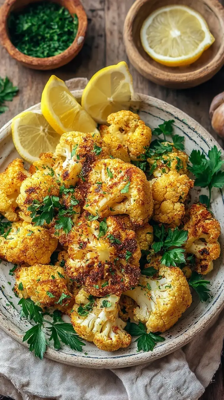 Golden brown roasted cauliflower steaks on a baking sheet with fresh parsley