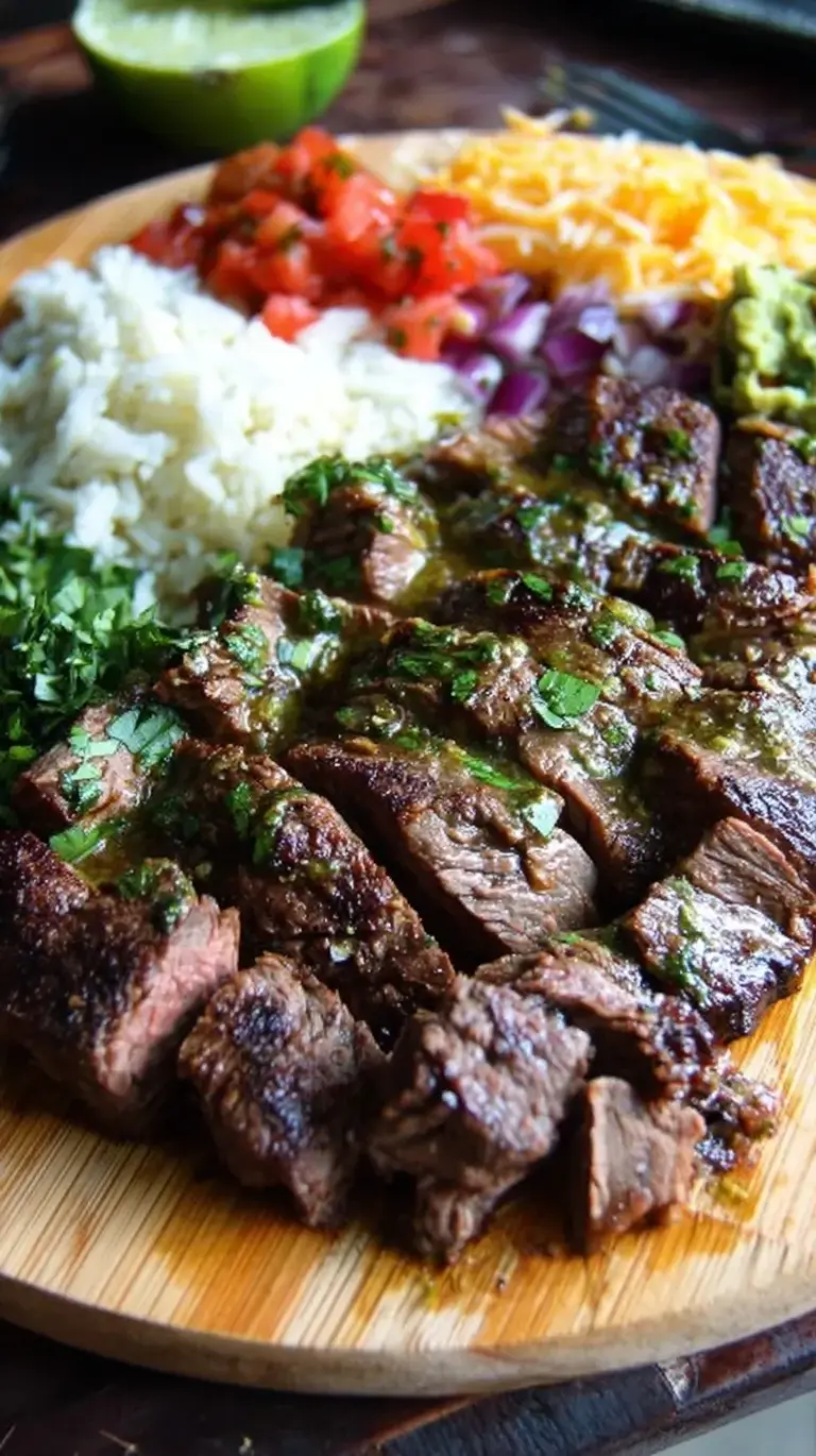 A colorful steak burrito bowl with cilantro lime rice, black beans, corn salsa, and guacamole in a ceramic bowl.