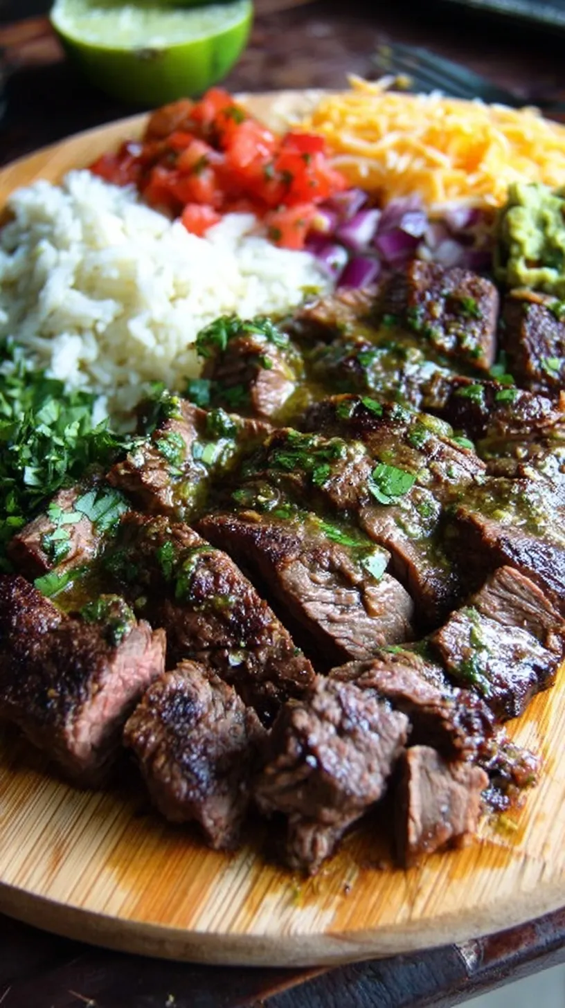 A colorful steak burrito bowl with cilantro lime rice, black beans, corn salsa, and guacamole in a ceramic bowl.
