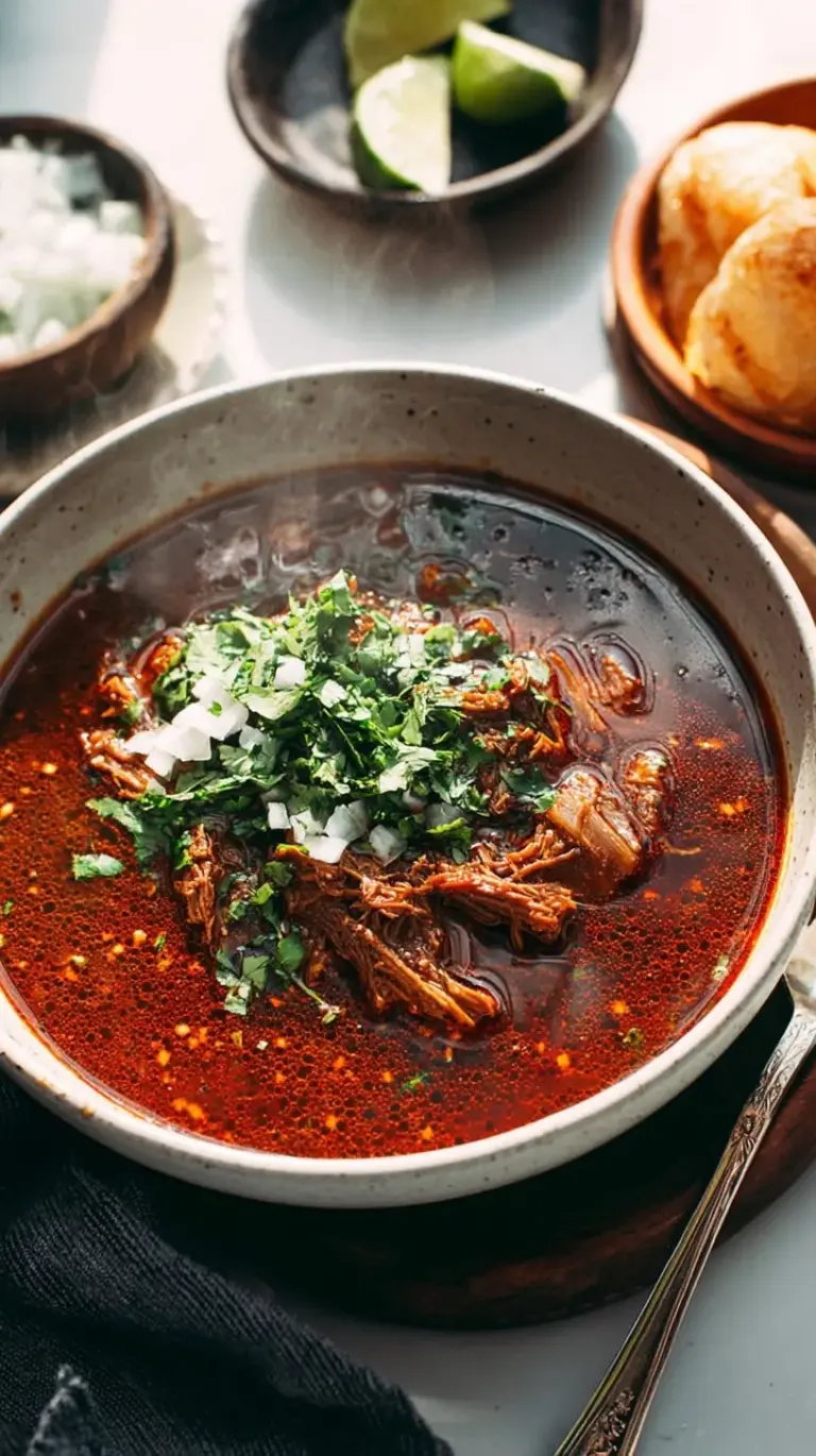 A vibrant bowl of Birria de Res with tender beef, rich red consomé, and fresh cilantro, ready for Birria tacos.