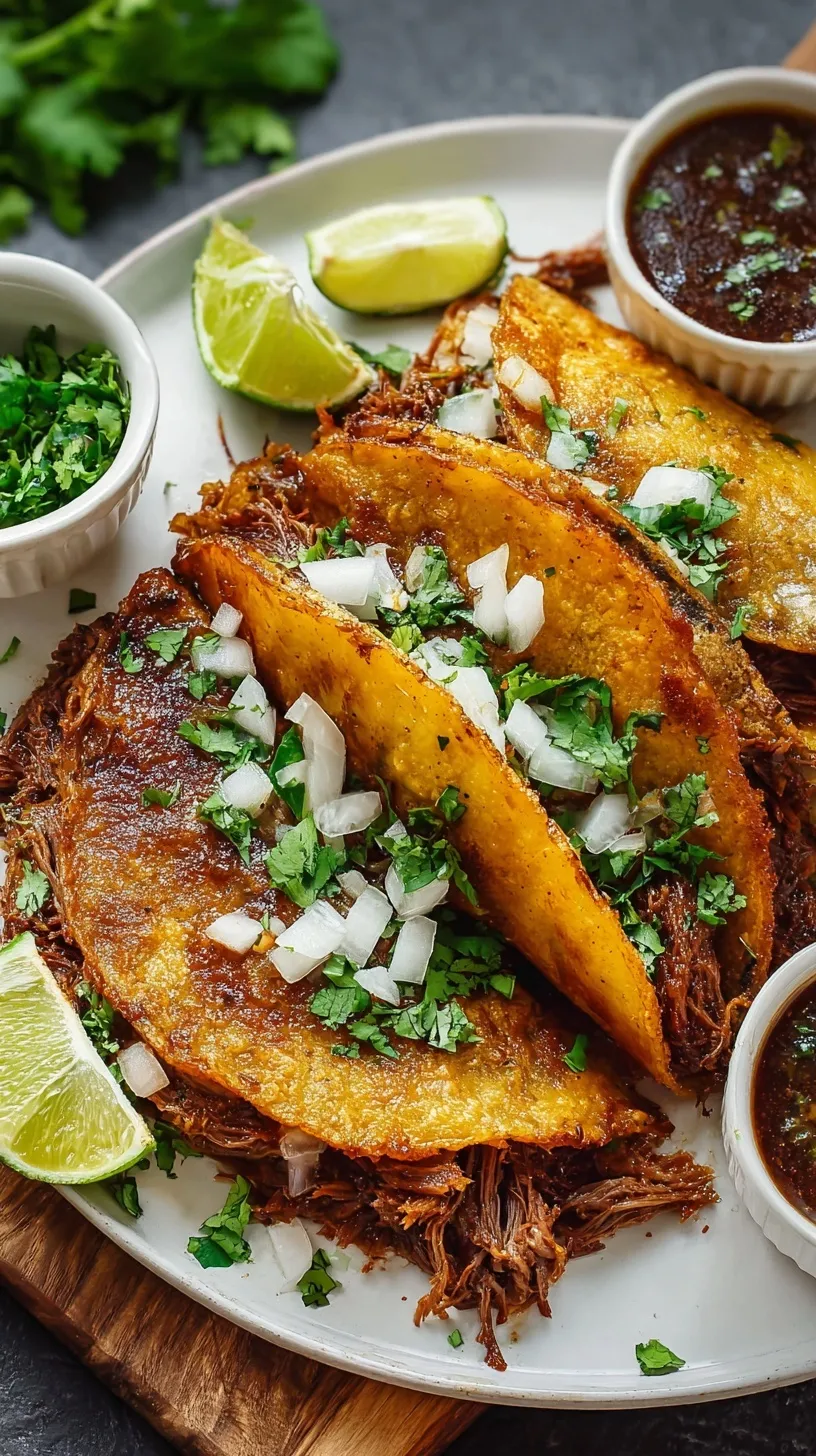 A close-up of golden, crispy Birria Tacos with melted cheese, served with a side of rich consomé for dipping.