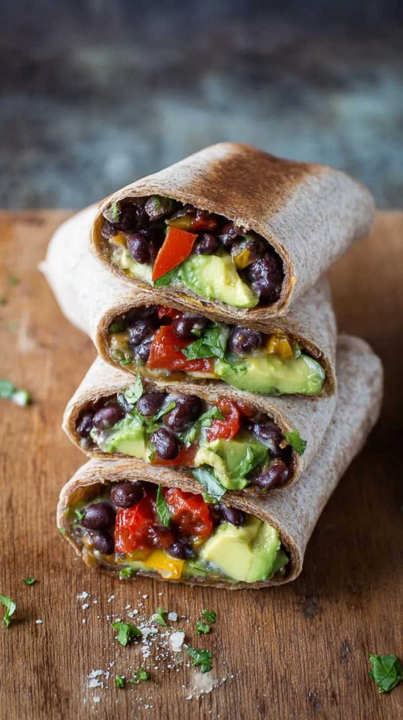 Fresh black bean and avocado wraps sliced on a wooden board with lime wedges
