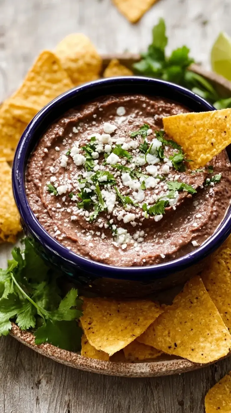 A vibrant bowl of creamy black bean dip garnished with fresh cilantro and a lime wedge, surrounded by golden tortilla chips.
