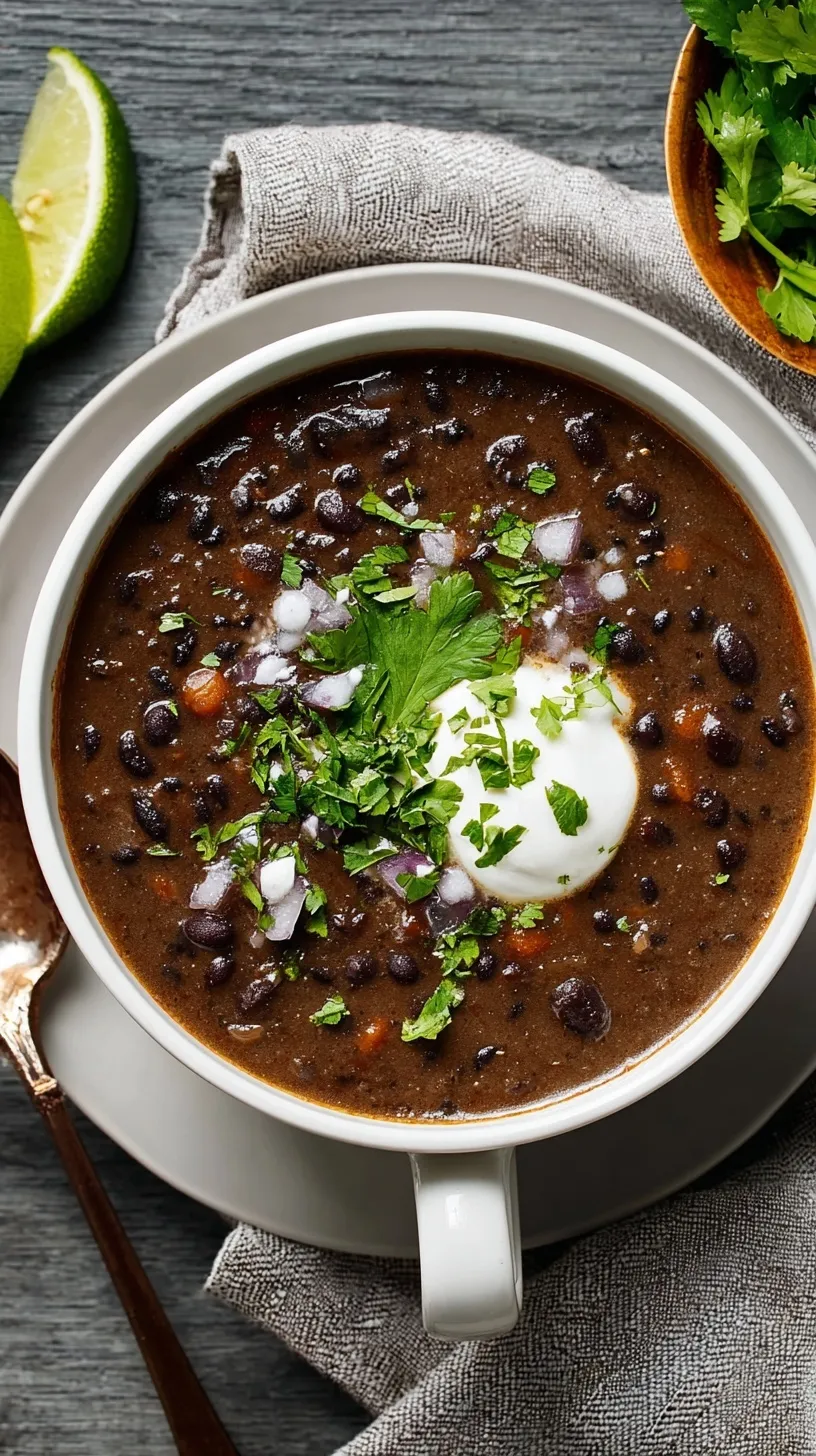 A steaming bowl of homemade black bean soup, garnished with fresh cilantro, avocado, and a dollop of sour cream.