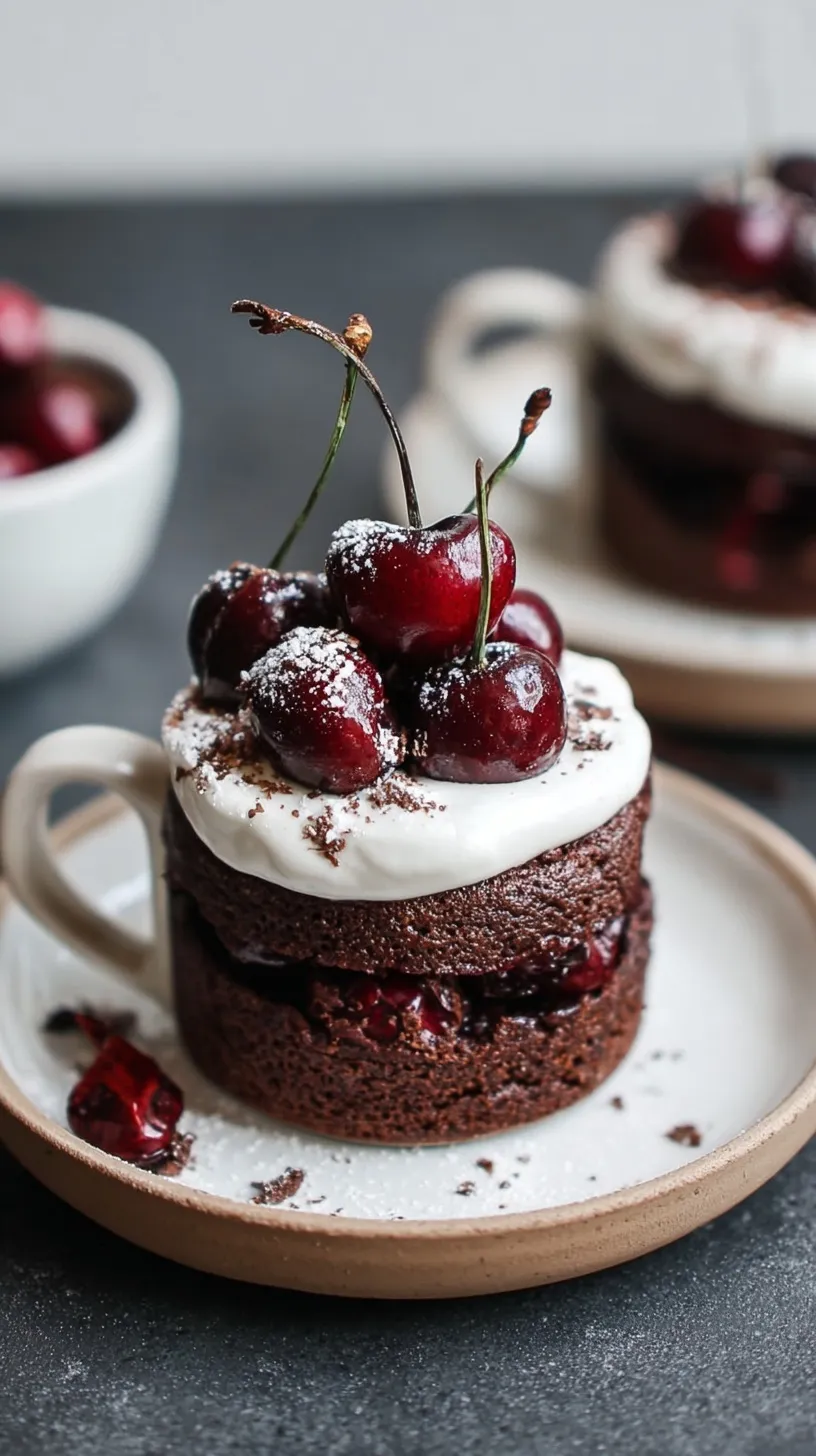 A chocolate mug cake with cherries and chocolate chips inside a white ceramic mug.
