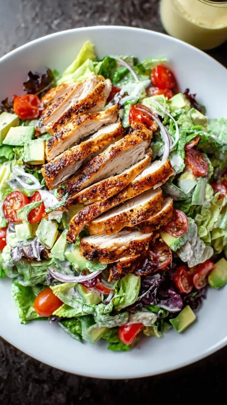 A vibrant blackened chicken salad with sliced avocado and cherry tomatoes in a white bowl.