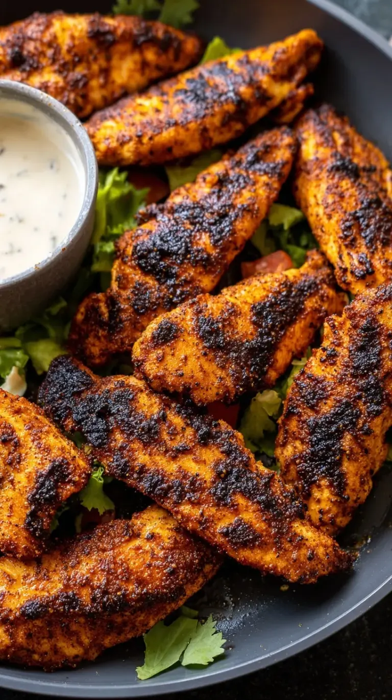 Golden and charred blackened chicken tenders in a cast iron skillet