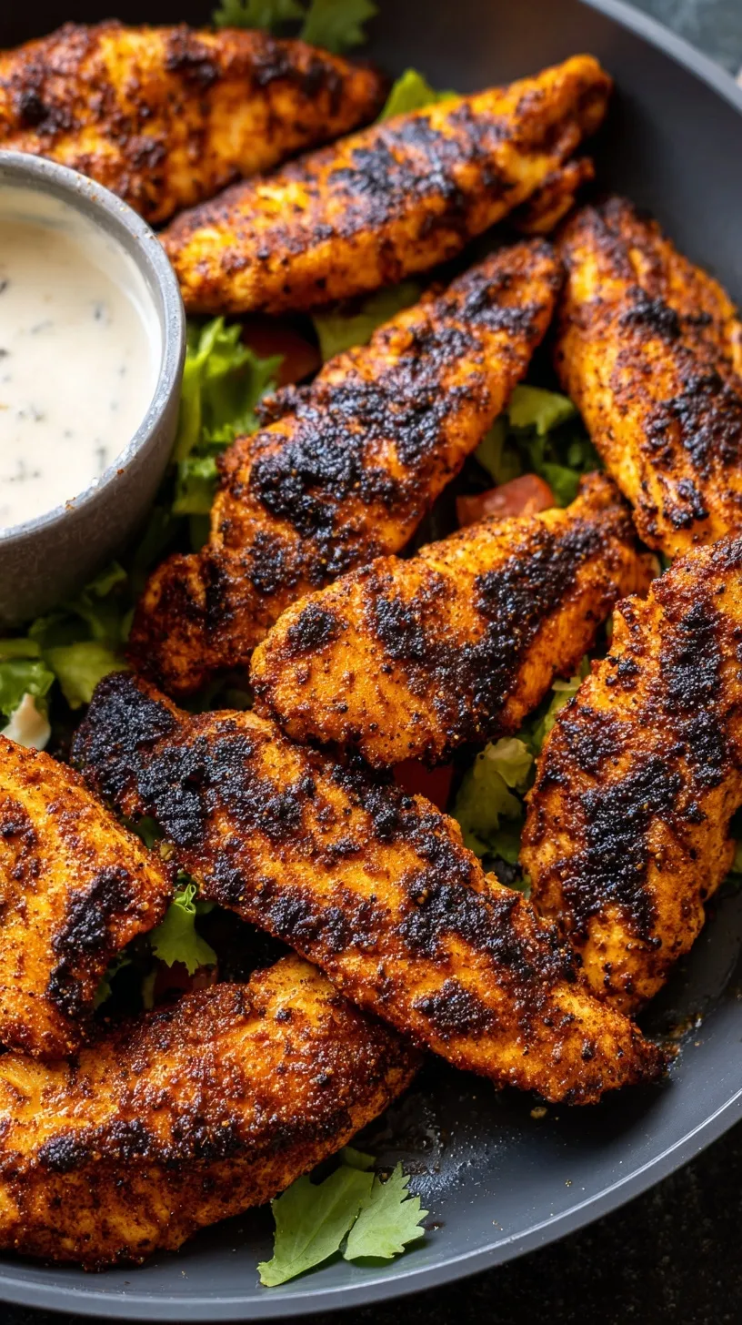 Golden and charred blackened chicken tenders in a cast iron skillet