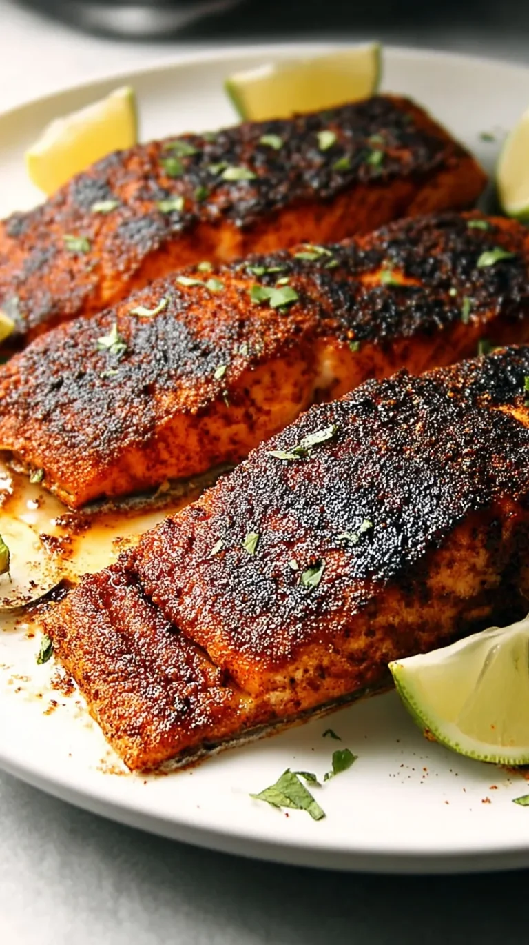 Blackened salmon fillet with spiced crust on a white plate with lemon wedges and fresh herbs