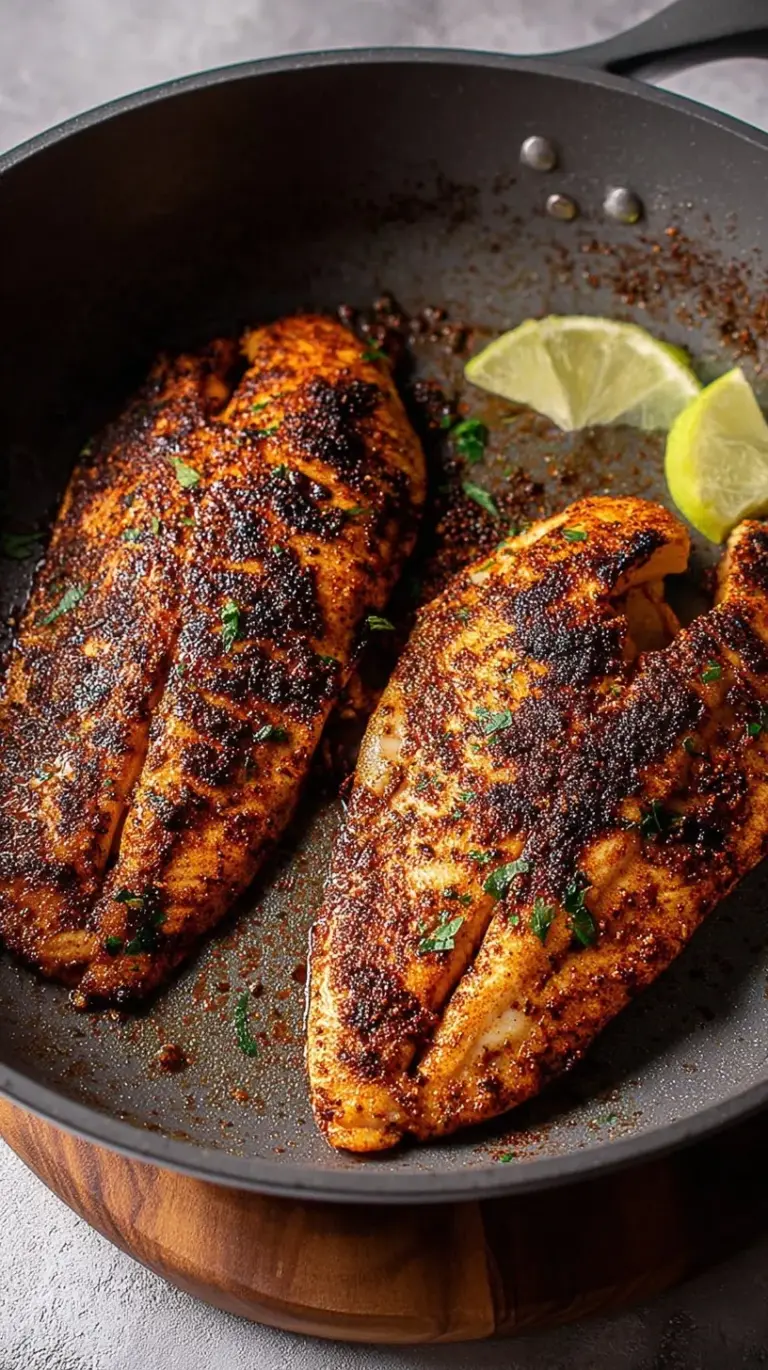 A cast iron skillet with perfectly seared blackened tilapia fillets topped with fresh herbs.