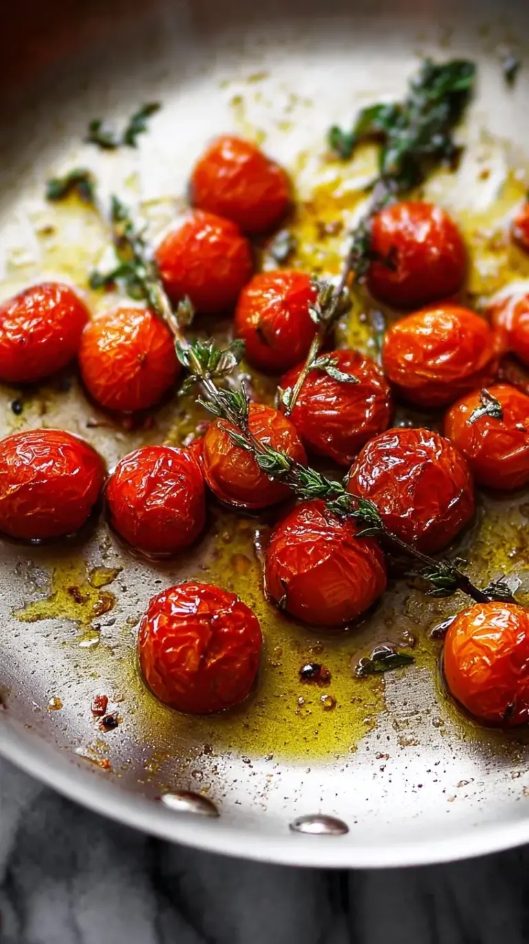 A cast iron skillet filled with vibrant red blistered cherry tomatoes, garlic, and fresh thyme.