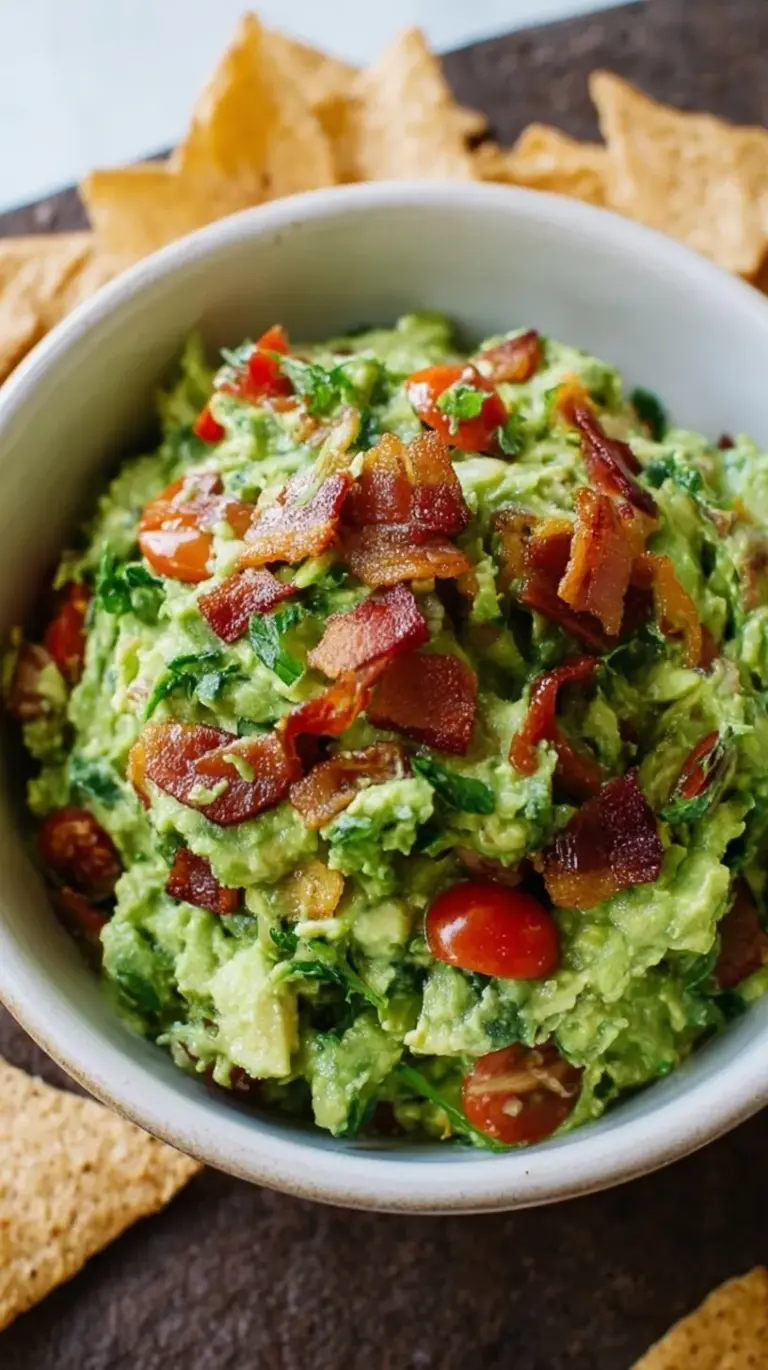 A bowl of chunky BLT guacamole topped with crispy bacon and fresh tomatoes