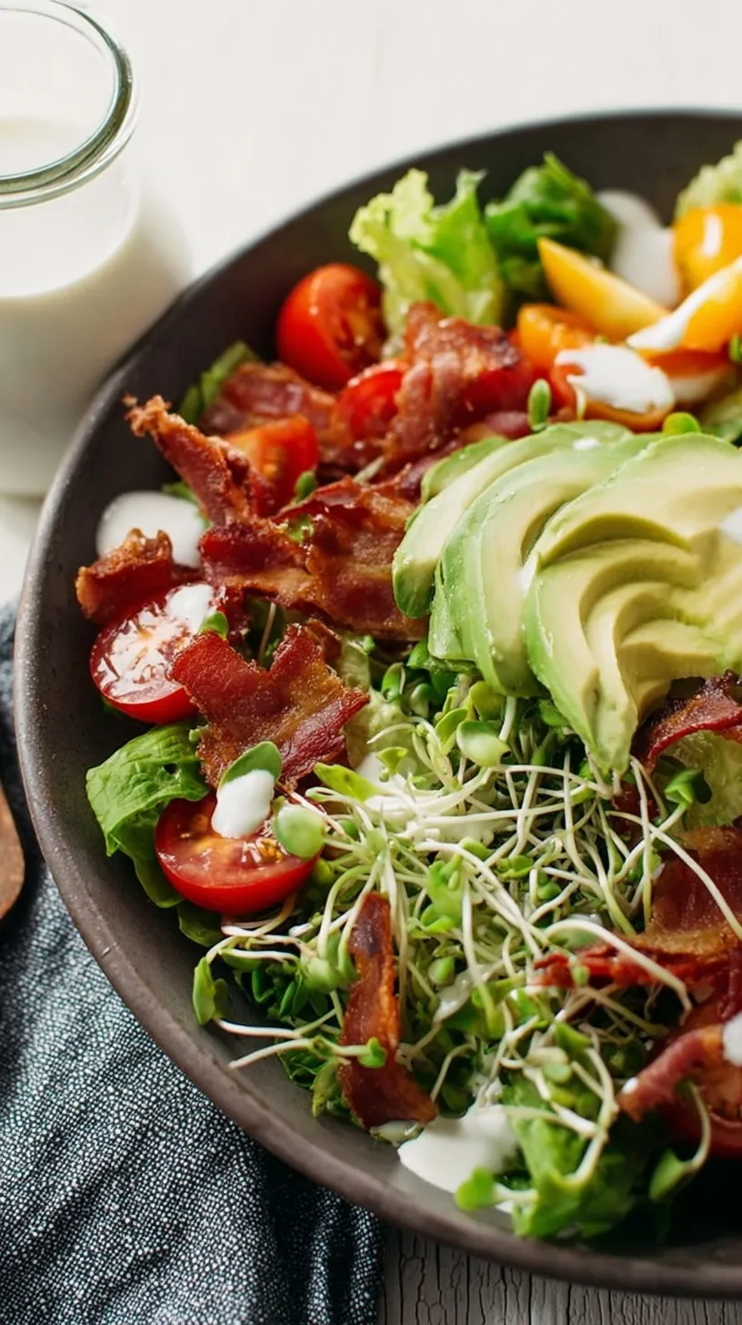 A fresh BLT Salad with Avocado and Sprouts in a large wooden bowl featuring crispy bacon and cherry tomatoes.