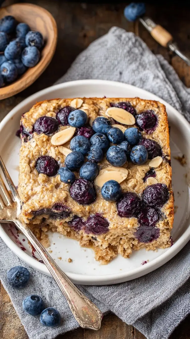 A golden brown dish of blueberry baked oatmeal with fresh berries on top.