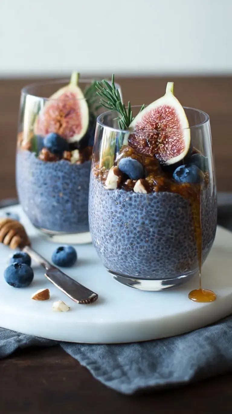 A glass jar filled with purple blueberry chia pudding topped with sliced figs and chopped hazelnuts.