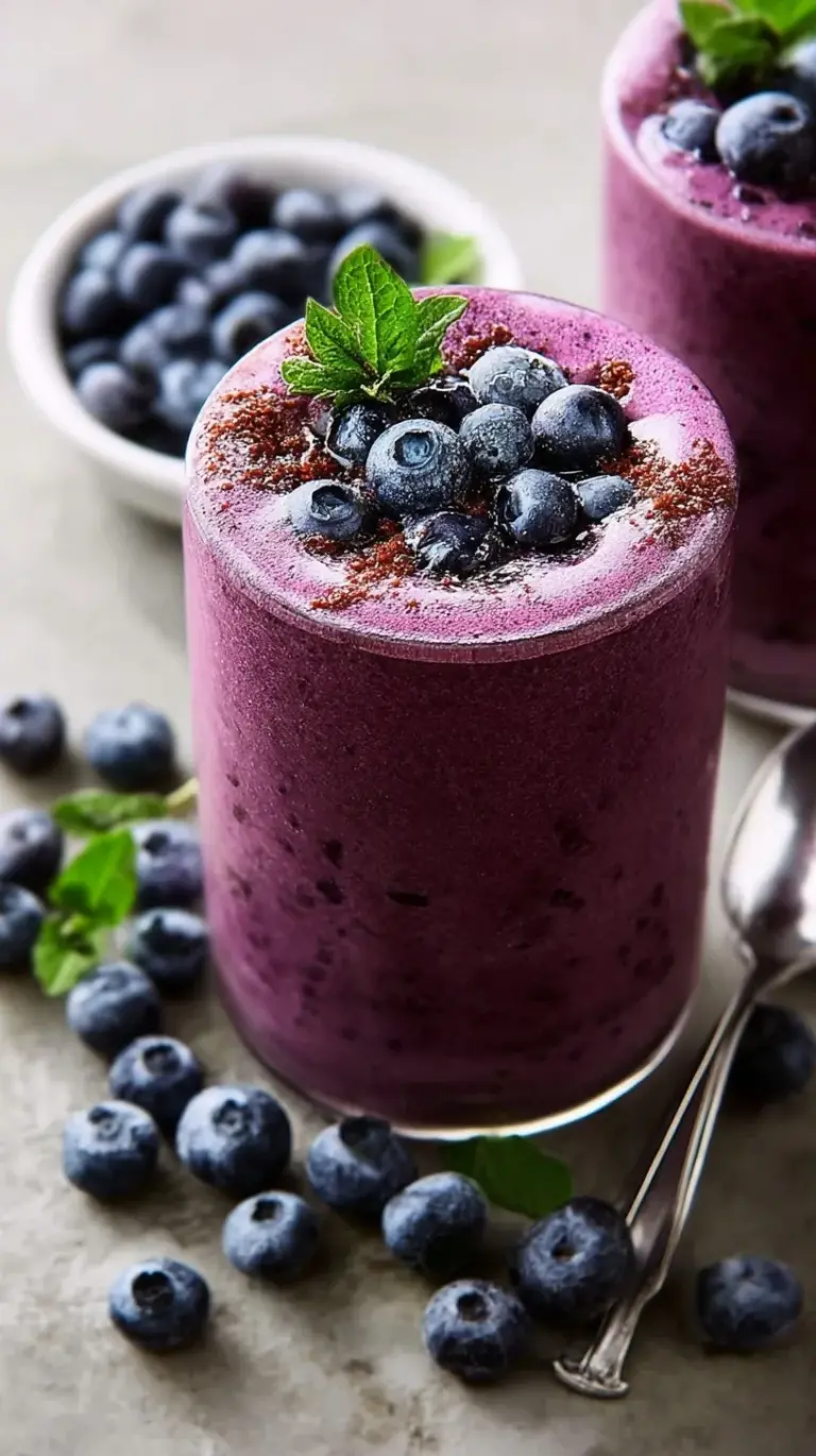 A vibrant purple blueberry smoothie in a tall glass with a straw on a bright kitchen counter.