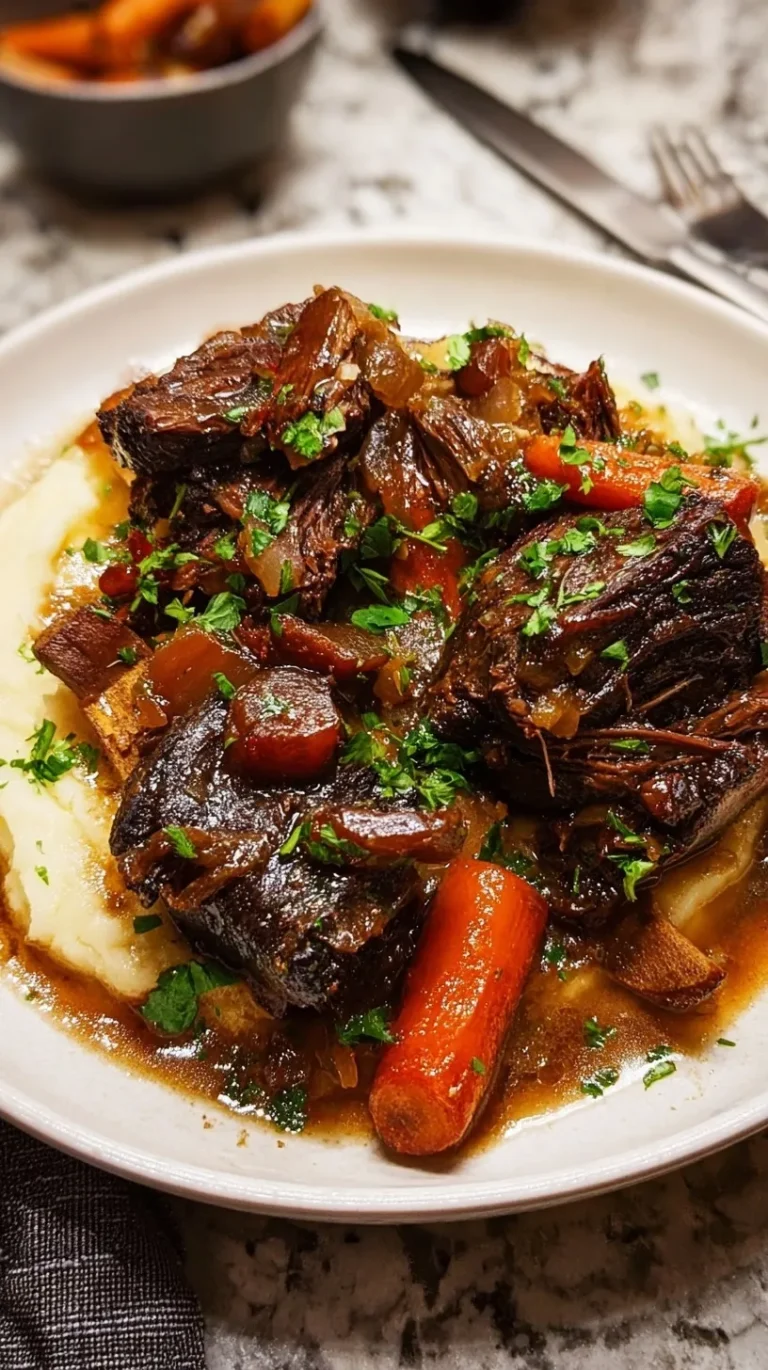 Tender braised short ribs in rich red wine sauce on a white plate with fork-tender meat falling off the bone
