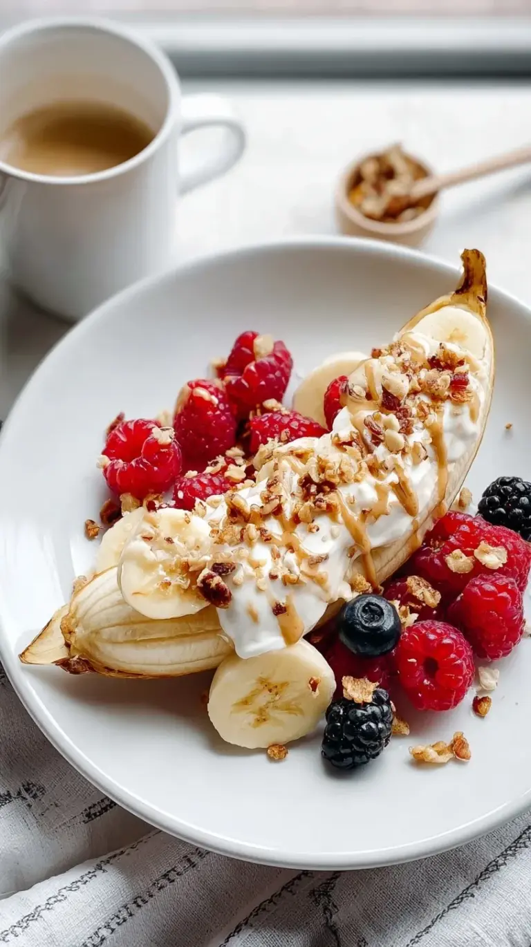 A beautiful healthy breakfast banana split in a white bowl topped with berries and honey
