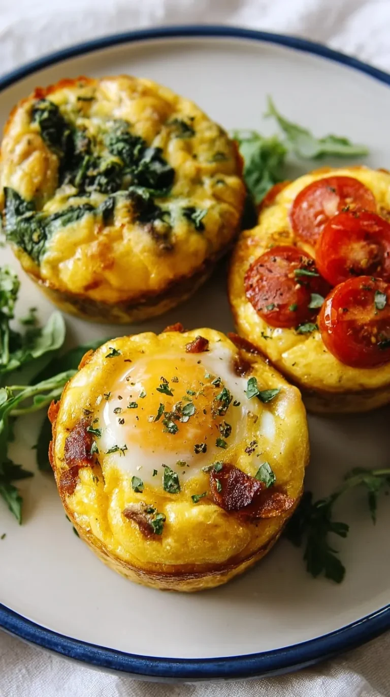 Golden Breakfast Egg Muffins (3 Ways) on a white plate with fresh herbs and vegetables