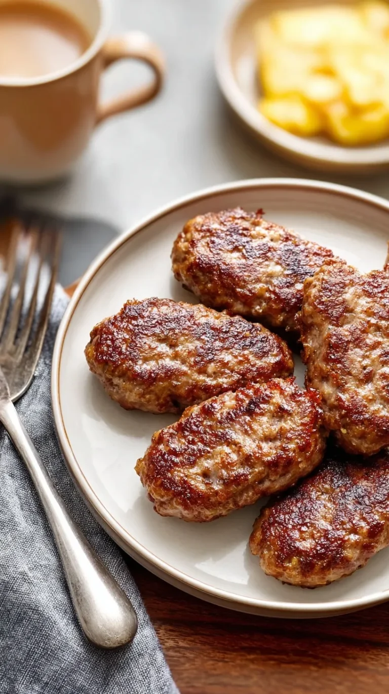 Golden brown breakfast sausage patties cooking in a cast iron skillet with herbs