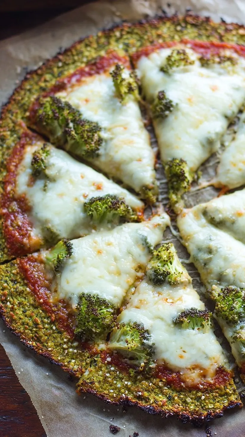 A golden brown broccoli crust pizza topped with melted mozzarella and tomato sauce on parchment paper.