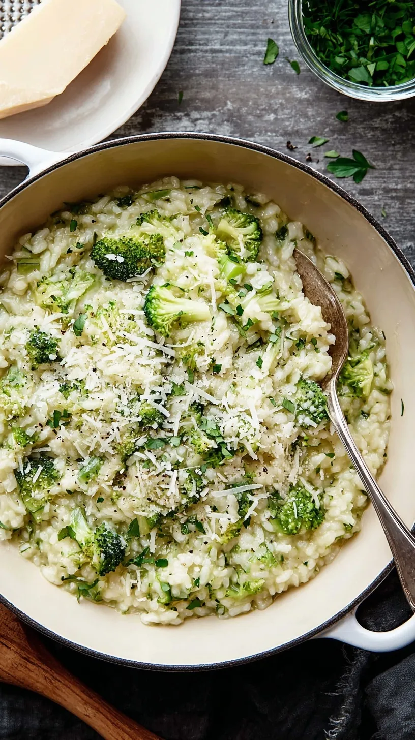 A creamy bowl of Broccoli Parmesan Risotto topped with fresh cheese and green broccoli florets.