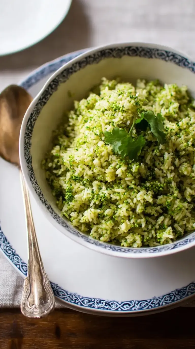 A bowl of fluffy white rice mixed with vibrant green broccoli florets and melted butter.