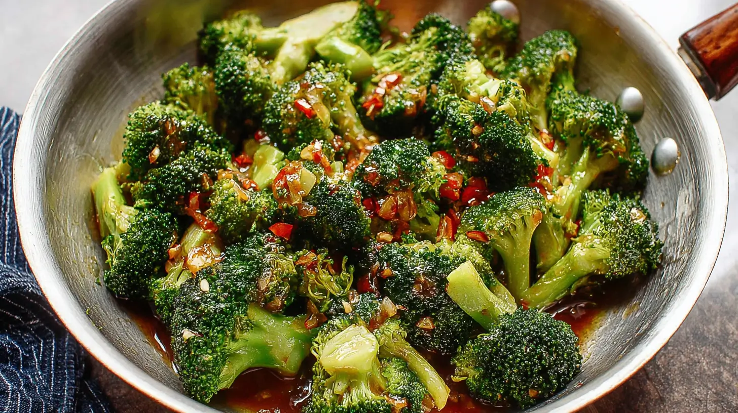 Close-up of broccoli stir-fry with glossy sauce