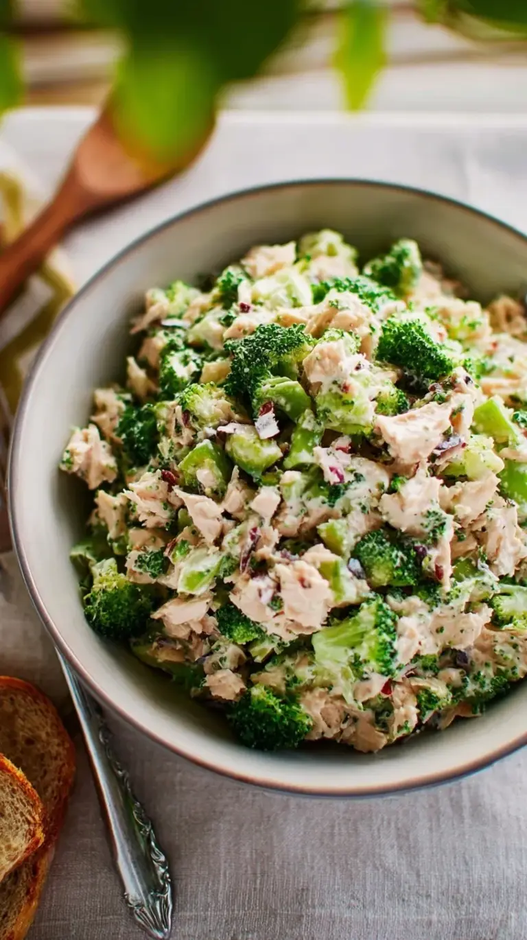 A bowl of creamy broccoli tuna salad with red onions and lemon