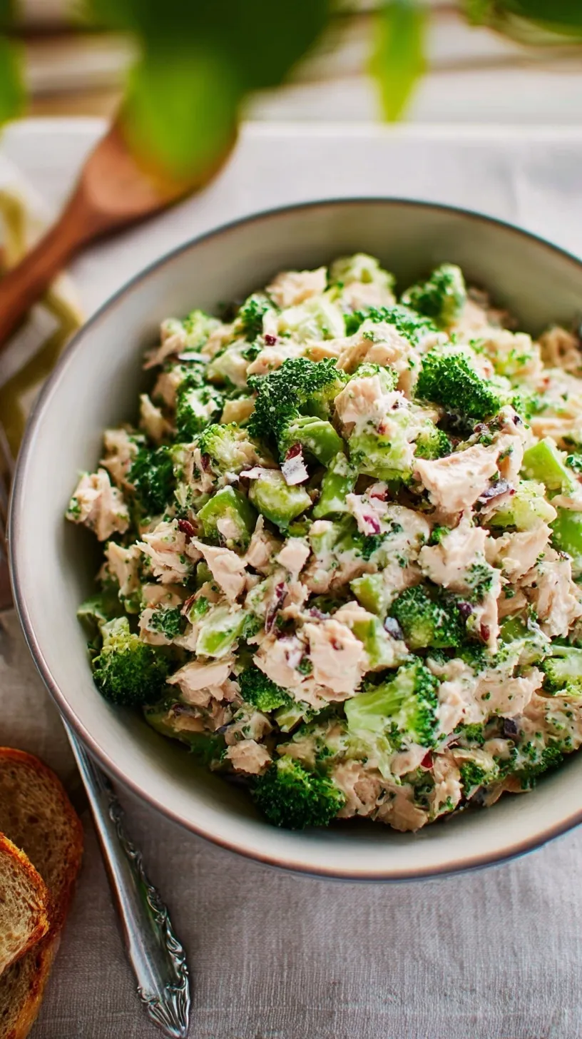 A bowl of creamy broccoli tuna salad with red onions and lemon
