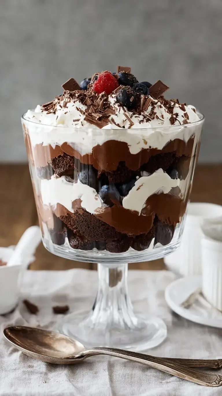 A glass trifle bowl filled with layers of fudge brownies, chocolate pudding, whipped cream, and toffee bits.