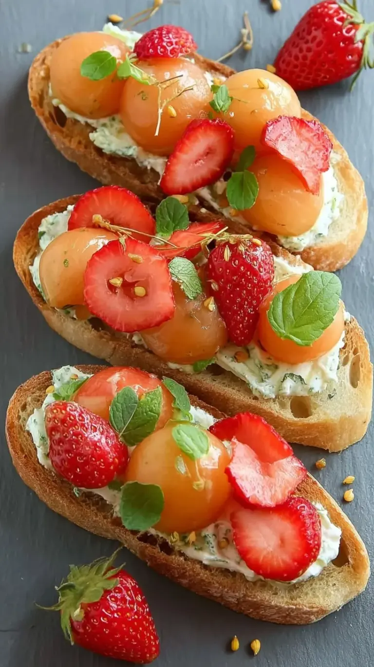 Toasted baguette slices topped with creamy ricotta, diced strawberries, and cantaloupe with a balsamic drizzle.