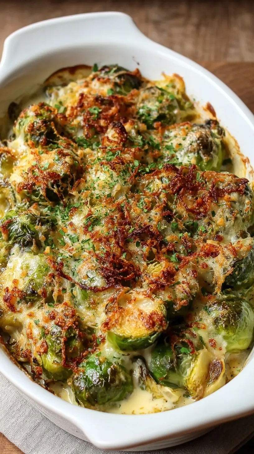 A golden brown Brussels sprouts gratin in a cast iron skillet with melted cheese and crispy breadcrumbs.